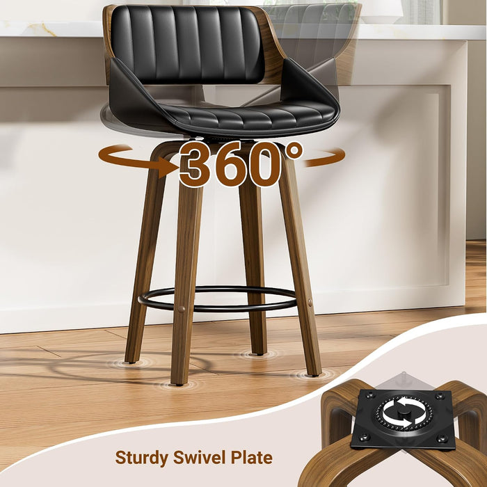 Bar Stools Set of 2, 26" Bentwood Counter Height Barstools, Black | Swivel, Mid Century Modern, Bentwood Back and Footrest, Padded Seat, Upholstered Faux Leather Bar Chair, for Kitchen Island