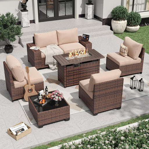 7 Pieces Patio Furniture Set with 44” Fire Pit Table Wicker Rattan Outdoor Sectional Conversation Set with Coffee Table and 4” Thickened Cushions, Beige (Waterproof Cover Included)