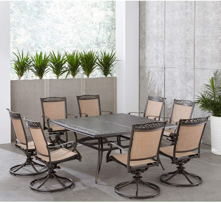 Fontana 9-Piece Outdoor Dining Set, Rust-Resistant Aluminum Outdoor Patio Dining Set for 8 with Swivel Rockers and 60" Square Cast-Top Patio Table, Perfect for Backyard, Patio, Deck, and Porch