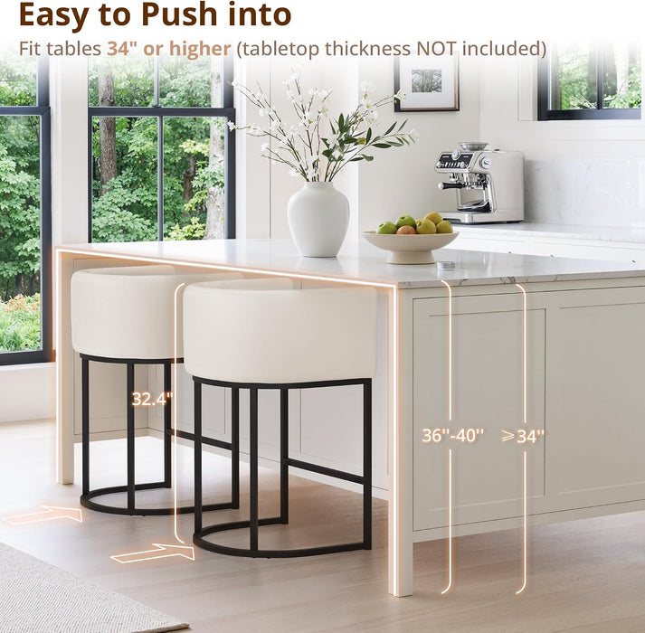 Counter Height Bar Stools Set of 3, Modern Barrel Counter Stools with Backrest and Arms, Black Metal Frames, Linen Fabric Upholstered Accent Barstools for Kitchen Island, Beige