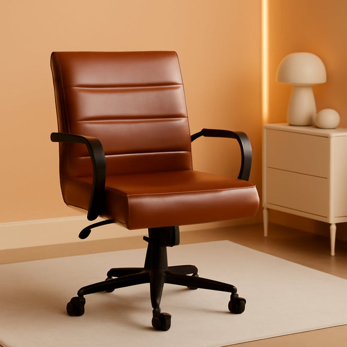 Whitney Mid-Back Swivel Leather Desk Chair with Padded Seat and Armrests, Adjustable Height Padded Leather Office Chair, Brown/Black