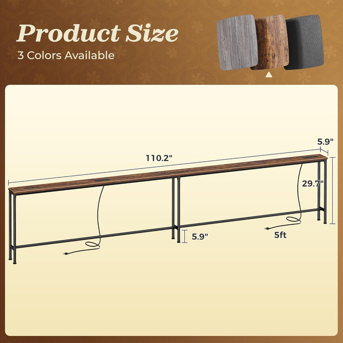 110.2 Inch Sofa Table with 2 Power Outlets and USB-C Port, 5.9 Inch Narrow Console Table with Storage, Extra-Long, for Entryway Hallway Couch behind Sofa, Small Spaces, Rustic Brown
