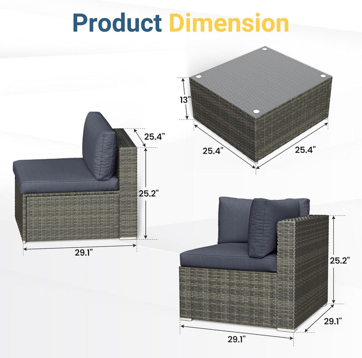 7 Piece Outdoor Patio Furniture Set, All Weather Wicker Rattan Sectional Sofa Conversation Set with Cushions & Large Glass Coffee Table, Ideal for Garden Backyard Porch, Dark Grey