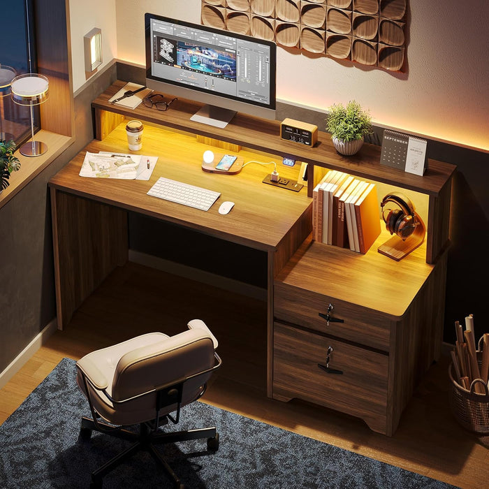 55 Inch Wood Computer Desk with Lockable File Drawer, Charging Station & LED Lights - Home Office Desk with Storage Shelves, Printer Shelf & Monitor Stand, Wooden Desk for Study & Work, Walnut