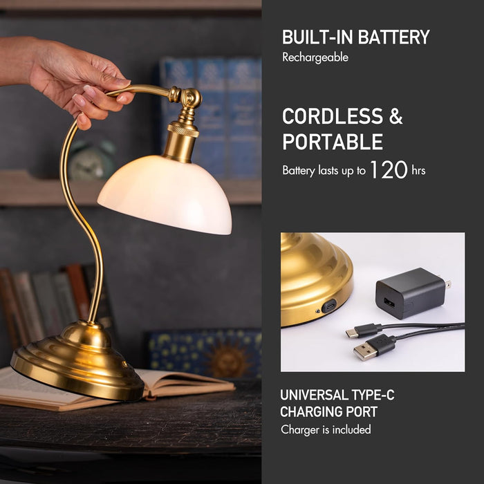 Bankers - Cordless LED Table Lamp, Battery-Operated, Rechargeable, 3-Level Dimming, Universal USB-C Charging, 180° Swivel Head, White Jade Glass Shade, Antique Brass