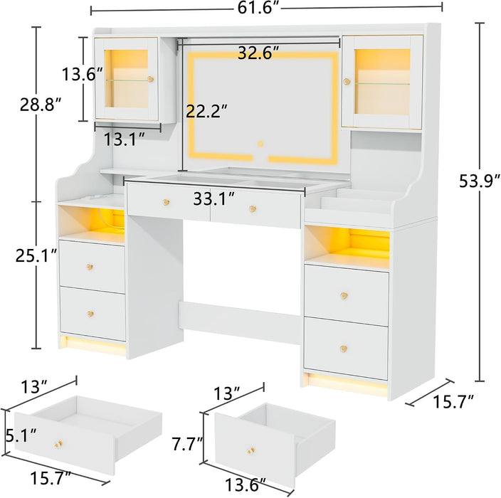 62" Large White Vanity Desk with Glass Top, Makeup Vanity with Mirror and LED Lights, One Piece Controls 3 Lighting Modes, 4 Drawers Vanity with 2 Cabinets and Power Outlet for Women, Girls