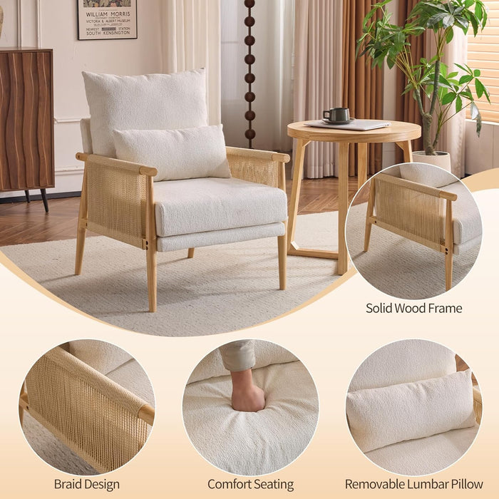 Beige Chenille Modern Armchair Featuring Lumbar Pillow