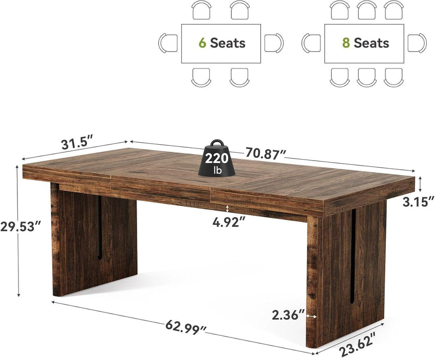 70.8-Inch Large Dining Table for 6-8, Farmhouse Rectangle Long Dinner Table for Dining Room, Kitchen, Living Room, Rustic Brown