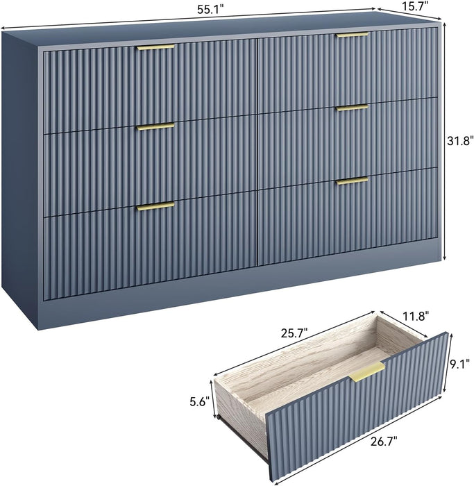 6 Drawer Fluted Dresser for the Bedroom, 55" Wide Wooden Dresser with Deep Drawers, Large Floor Chest of Drawers, Modern Long TV Stand, Storage Cabinet for Livingroom, Hallway, Blue