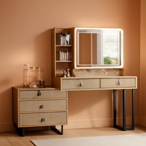 Large Vanity Desk with 3 Color Touch Screen Dimming Mirror, Vanity Desk with Charging Station, Modern Retractable Makeup Dressing Table, Makeup Table with Storage Shelves and 5 Sliding Drawers, Oak