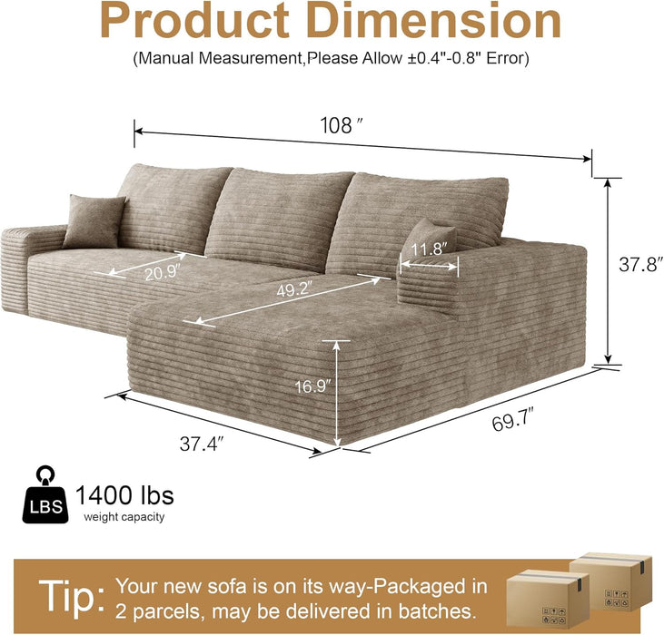 Camel 108-Inch Corduroy L-Shaped Sectional Sofa Chaise