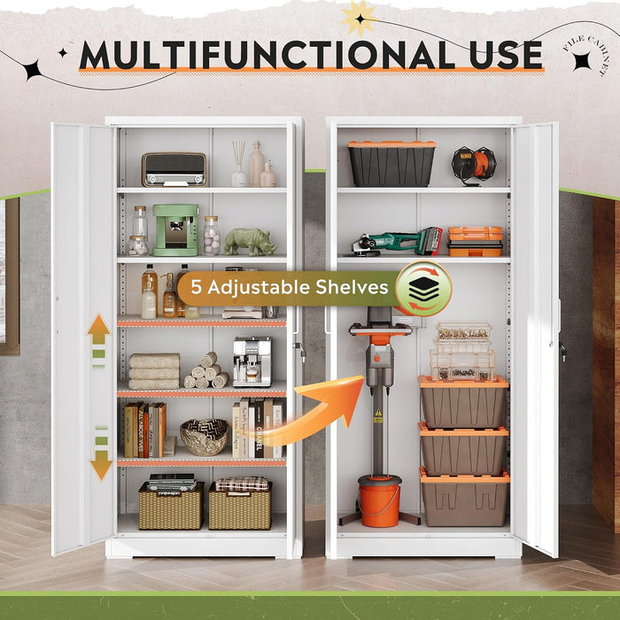 Lockable White Metal Garage Storage Cabinet Shelves