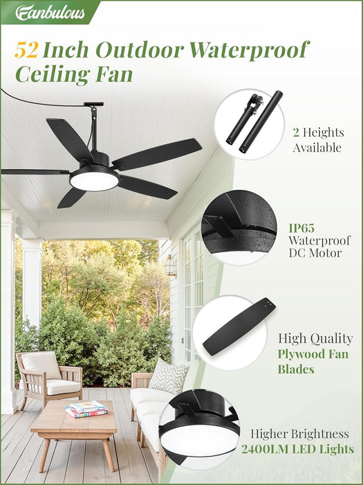 52'' Outdoor Ceiling Fans with Light and Remote,Ip65 Wet Rated Waterproof Ceiling Fan with 6-Speed DC Motor, Farmhouse Gazebo Fan for Porch Patios Pavilion(Black)