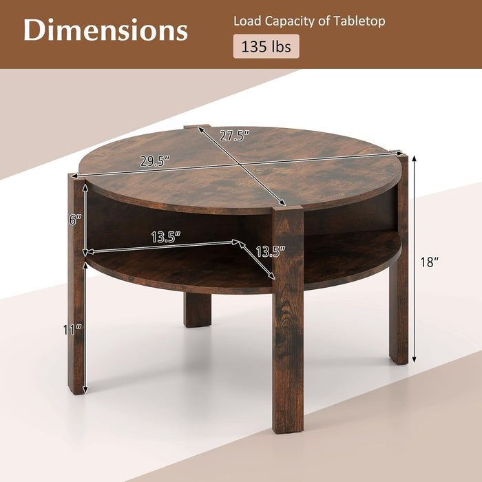 round Coffee Table, 29.5” 2-Tier Circle Cocktail Center Table with Storage Shelves, for Small Spaces, Living Room (Rustic Brown)