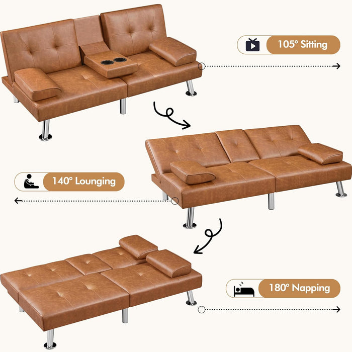 Convertible Sofa Bed Adjustable Couch Sleeper Modern Faux Leather Home Recliner Reversible Loveseat Folding Daybed Guest Bed, Removable Armrests, Cup Holders, 3 Angles, 772Lb Capacity, Brown