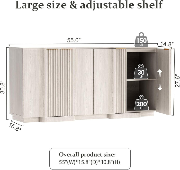 55" Fluted Sideboard Buffet Cabinet with Storage, White Credenza