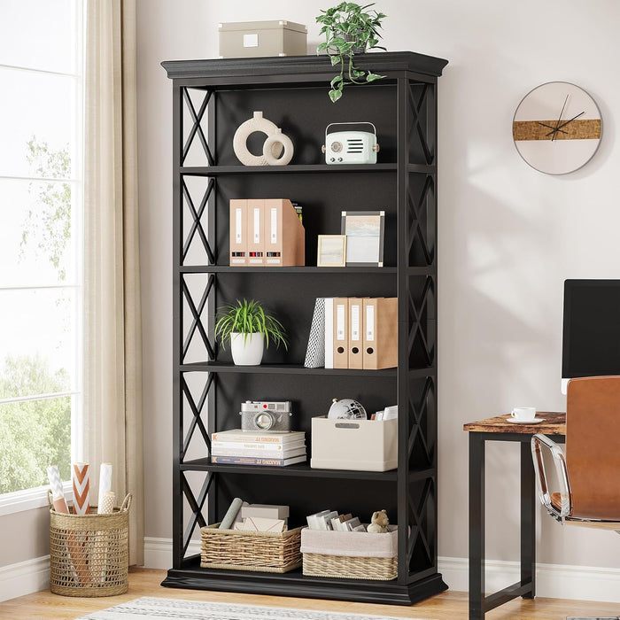6-Tier Bookcase, 71 Inches Industrial Bookshelves and Bookcases, Floor Standing 5 Shelf Display Storage Shelves Tall Bookcase for Home Office, Living Room, Bed Room, All Black