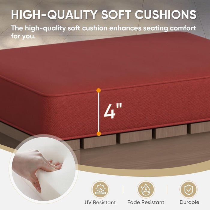 Natural Cedar Outdoor Patio Ottomans with Removable Cushions, Set of 2, Real Wood Footrests for Deck, Porch, Balcony, and Backyard, Brownish/Red