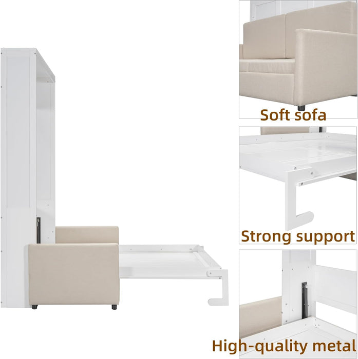 Queen Size Murphy Bed, Foldable Cube Bed Platform Bedframe with Sofa, Wooden Slat Support for Guest Room, Study, Office, White