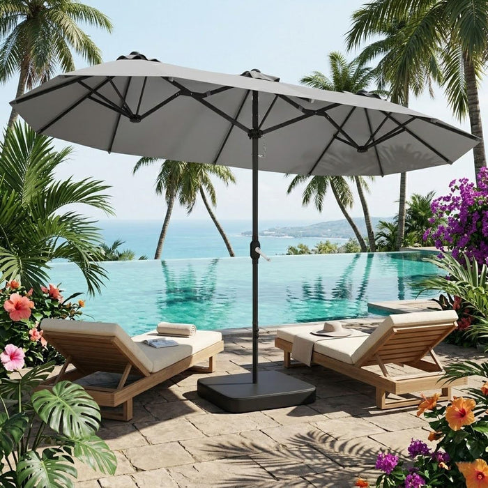 15Ft Patio Umbrella with Base,Large Outdoor Double-Sided Rectangle Umbrella with Crank Handle, Market Umbrella for Poolside Garden Deck Backyard Beach Pools, Gray