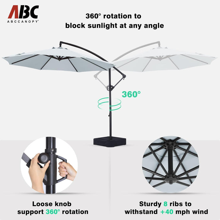 10FT Cantilever Patio Umbrella with Base Included, 360° Rotation Outdoor Offset Umbrella Bonus Fix Frame & Weights Bag for Backyard, Deck, Poolside (Gray)