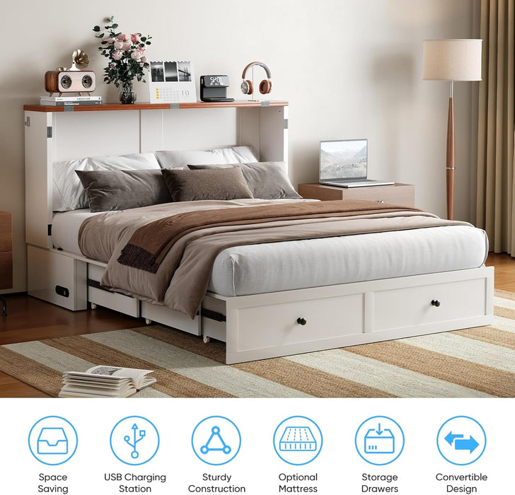 Queen Murphy Bed with USB Charging Station & 2 Storage Drawers, Hidden Folding Chest Cabinet Bed with Tri-Fold Mattress, Space Saving Wall Beds for Bedroom Guest Room Living Room-White
