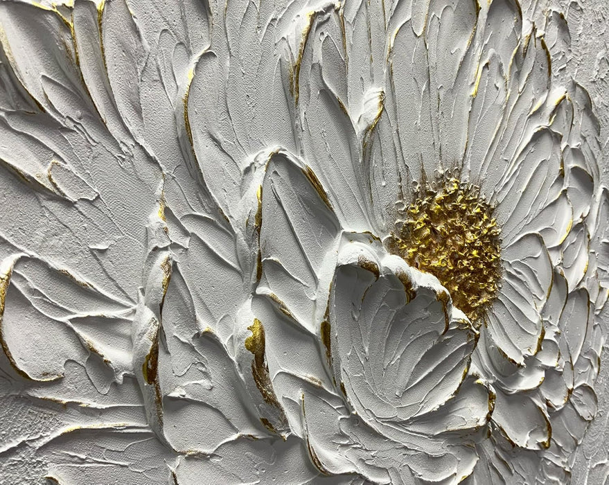 Art,30X45Inch Hand Painted Textured White Flower Oil Painting on Canvas Gold Acrylic Wall Art Abstract Landscape Paintings Stretched and Framed Ready to Hang