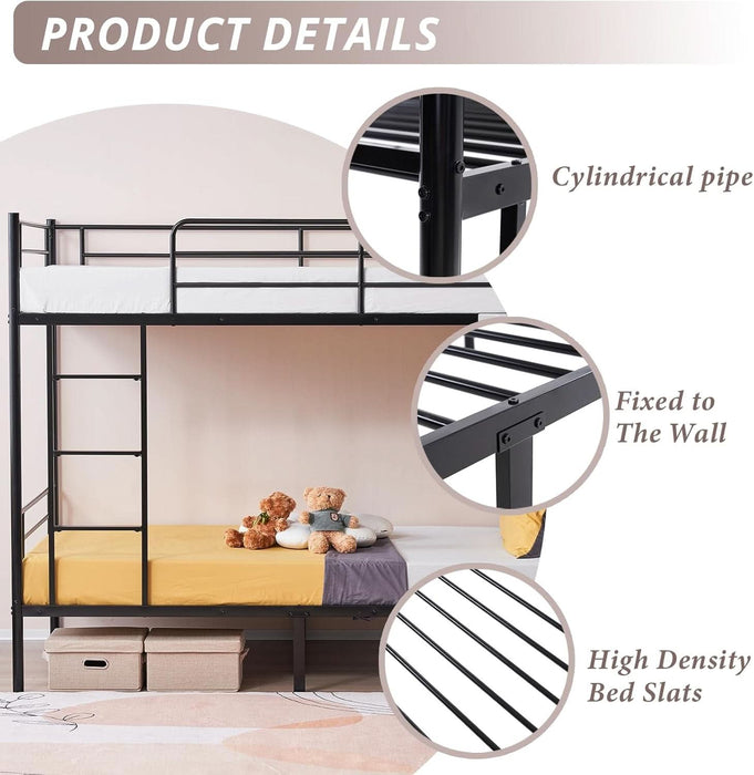 Black Bunk Bed Twin over Twin, Metal Bunk Bed with Built-In Ladder and Safety Guardrail, Space-Saving Twin Bunk Beds for Kids, Teens & Adults, No Box Spring