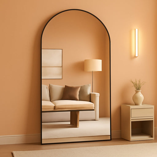 72" X 44" Arched Full Length Floor Mirror, Aluminum Frame, Black