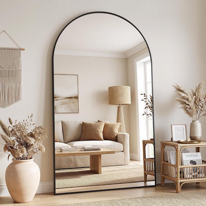 72" X 44" Arched Full Length Floor Mirror, Aluminum Frame, Black
