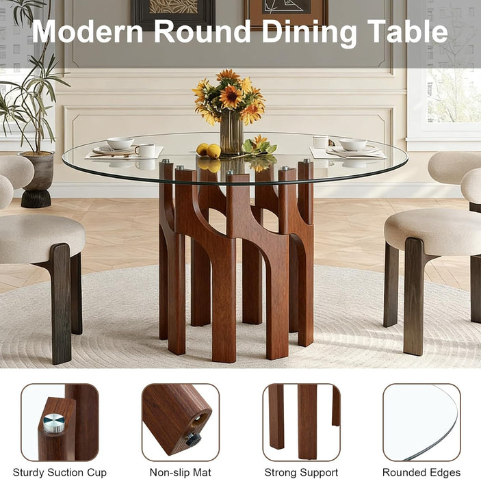 Round Glass Dining Table for 4-6, Modern 46-Inch Kitchen Table with Sturdy Pedestal Base & Clear Tempered Glass Top, Circle Dinner Table for Dining Room, Living Room & Small Apartment (Walnut)