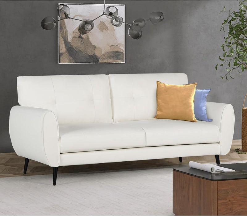 White Leather Loveseat: Mid-Century Modern, Button-Tufted