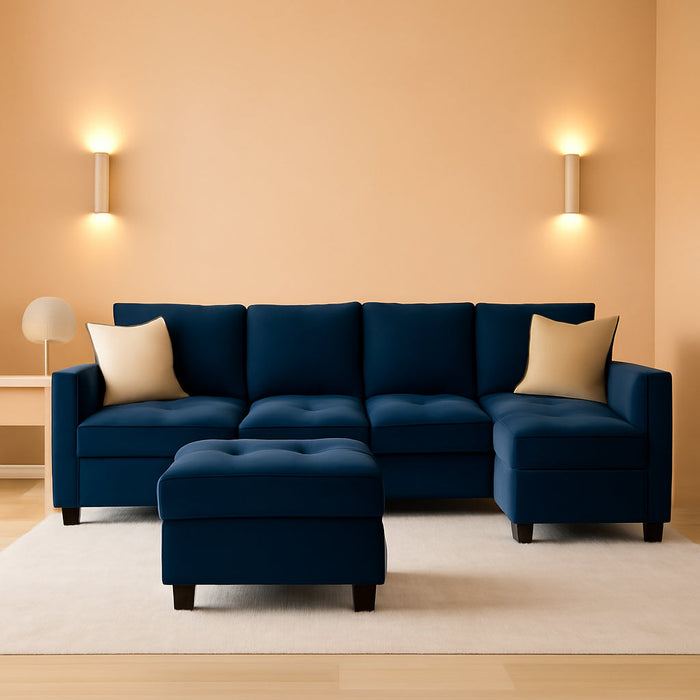 Velvet L Shaped Sofa Couch with Reversible Chaise Convertible Modular Sectional Sofa Set with Storage Ottoman Corner Sofa Set for Living Room Blue