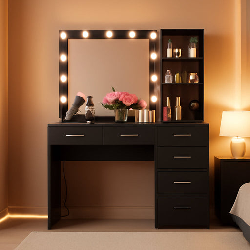 39 Inches Black Vanity Desk with Lights, 6-Drawers Makeup Vanity Table with Power Strip and Storage Shelves, Dressing Table with Lighted Mirror for Women Girls (Black)