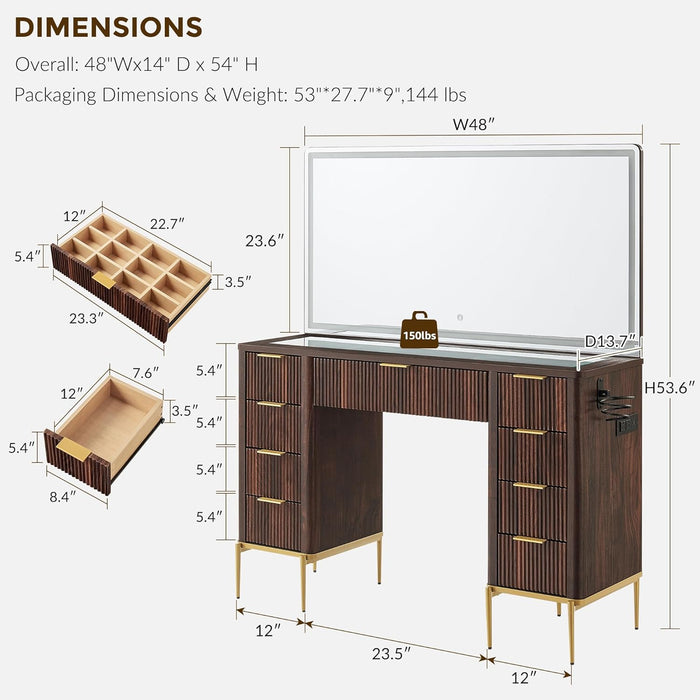 48" Fluted Makeup Vanity Desk with 48" Large Mirror and HD Lights, Modern Vanity Table with 9 Drawers & Charging Station, Glass Top and Golden Handles Dressing Table for Bedroom,Dark Walnut