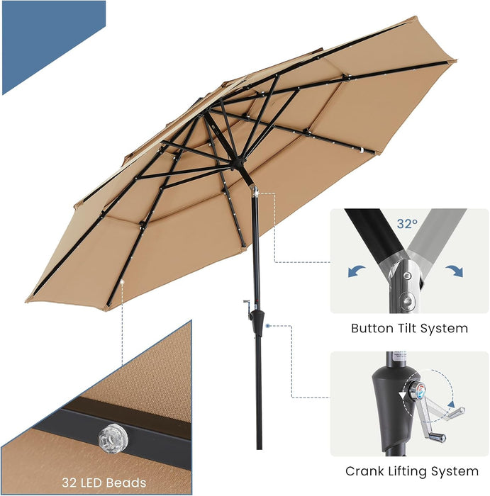 Outdoor Solar Patio Umbrella 3 Tiers with 32 LED Lights, Beach Market Table Umbrella with Crank and 8 Sturdy Ribs for Pool, Terrace, Restaurant