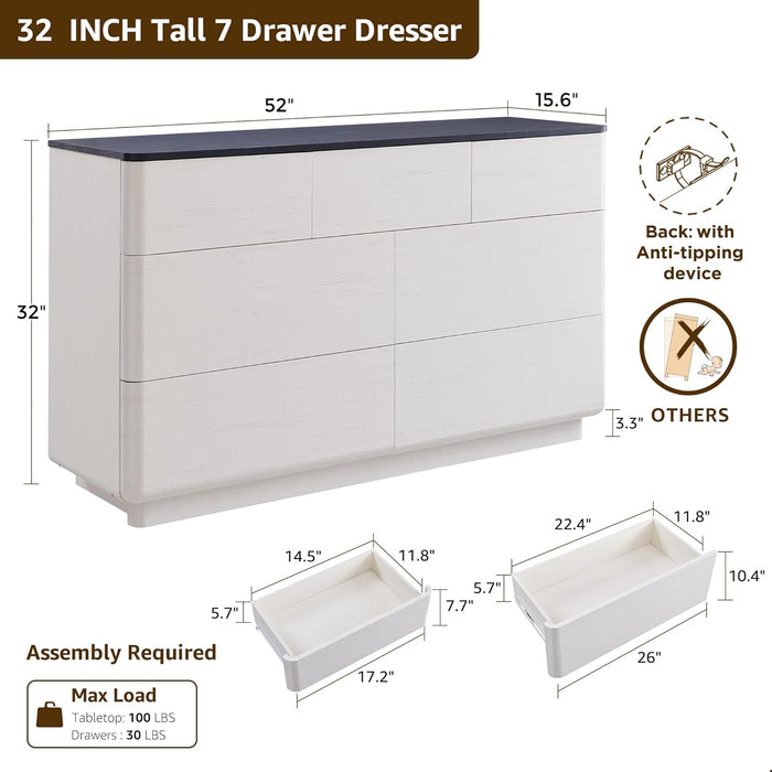 Modern 7 Drawer Dresser for Bedroom, 52" Wide Handleless Chest of Drawers, Large Push-To-Open Wood Storage, Dresser TV Stand for Bedroom, Living Room, Hallway, Curved Profile, off White