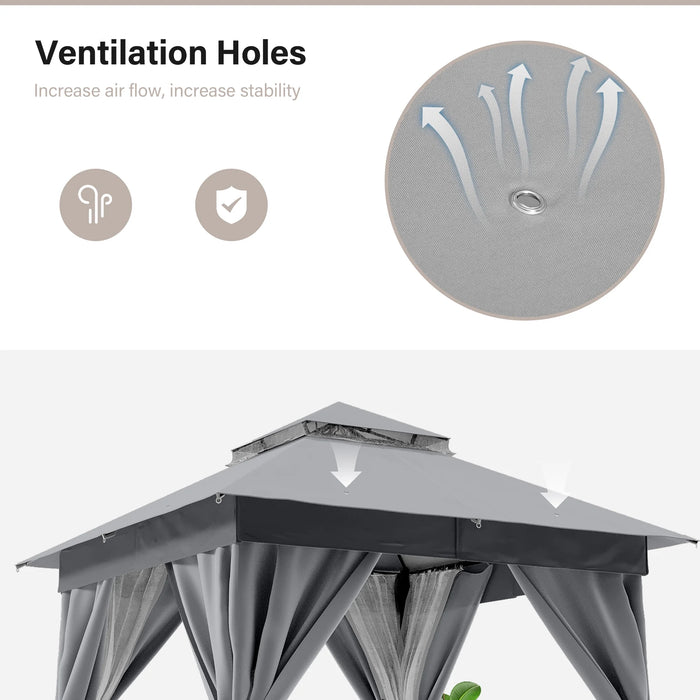 10'X10' Patio Gazebo, Double Roof Outdoor Shelter Tent with Mosquito Nettings and Privacy Screens, Gray