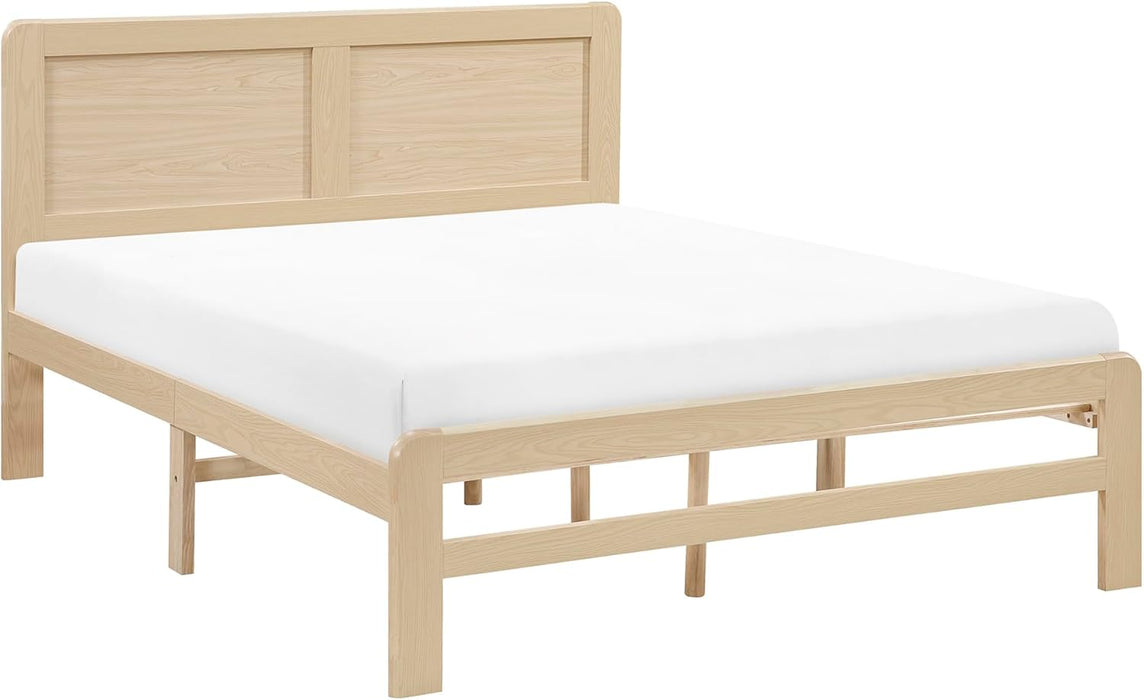 Queen Platform Bed, Faux Wood Veneer Platform Bed Frame with Panel Headboard, Strong Wooden Slats Support, No Box Spring Required, Easy Assembly, Natural