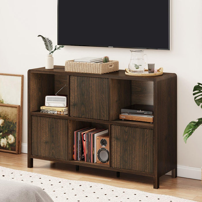6 Cube Storage Organizer Book Shelf, Horizontal Bookshelf with 3 Doors, 3 Tier Wooden Bookcase for Living Room, Home Office (Dark Walnut)