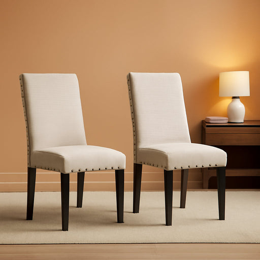 Biony Tan Fabric Dining Chairs with Nailhead Trim, Set of 2, Brown, Tan