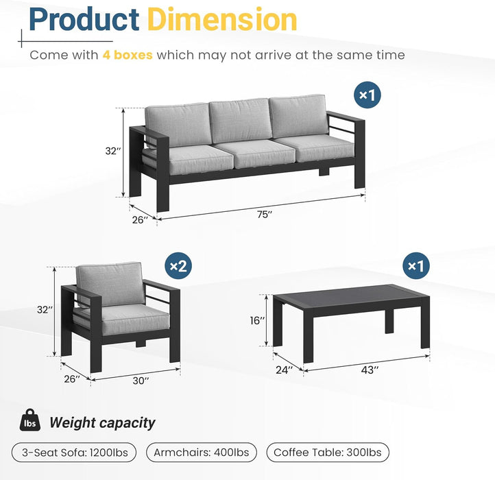 Aluminum Patio Furniture Set for All Weather, Oversized Metal Outdoor Furniture Set with 27.5" Deep Seat and 10" Back Cushion, Patio Conversation Sets with Wide Armrest, Light Gray