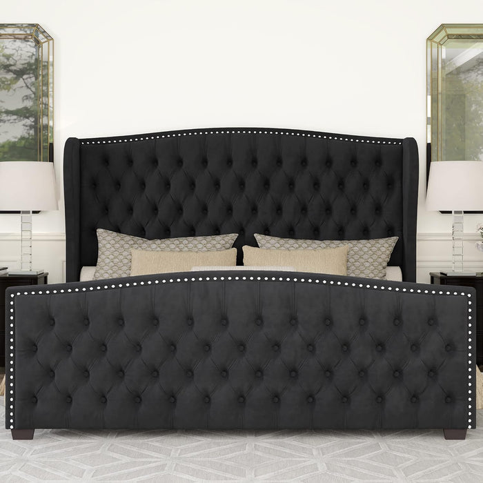 Queen Size Platform Bed Frame, Velvet Upholstered Bed with Deep Button Tufted & Nailhead Trim Wingback Headboard/No Box Spring Needed/Black