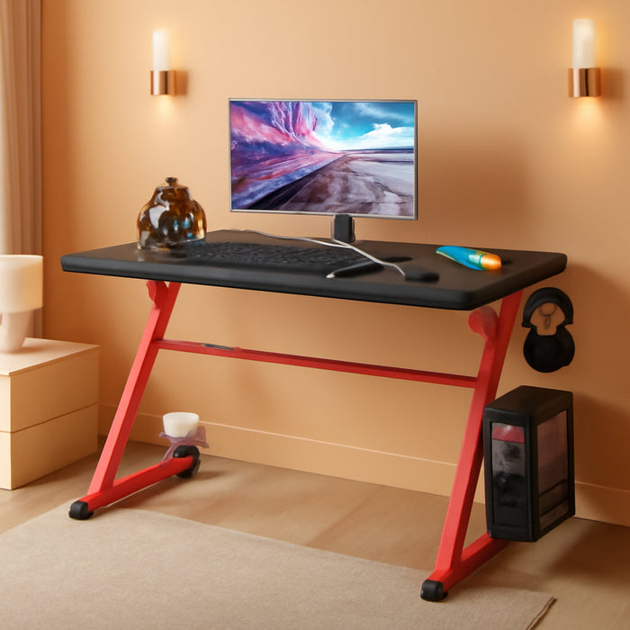 Gaming Computer Desk with Carbon Fiber Surface, Gaming Table Z Shaped Pc Home Office with Cup Holder&Headphone Hook(44 In, Red)