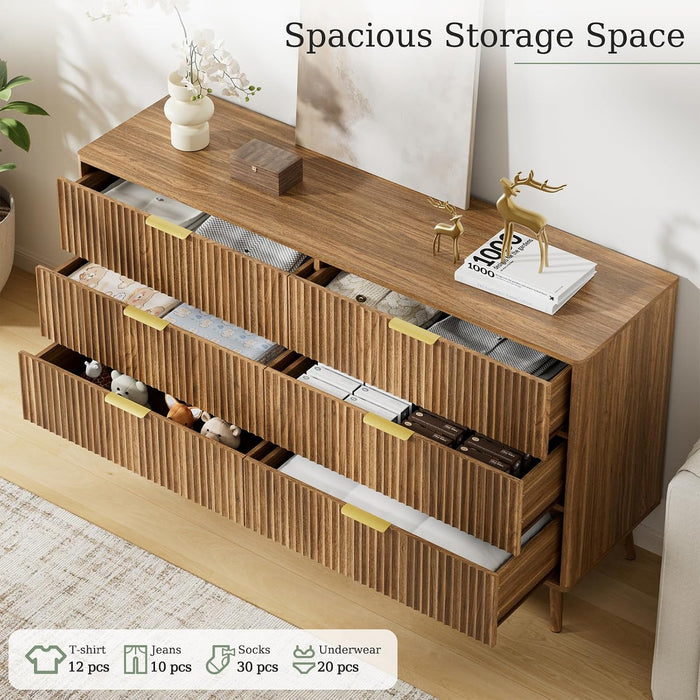 55" Wide Fluted Dresser for Bedroom with 6 Drawer, Modern Chest of Drawers with Curved Profile Design and Metal Handles, Wood Dresser TV Stand & Storage Organizer for Living Room, Walnut