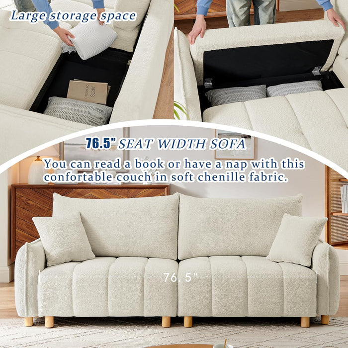 Cream Chenille Sleeper Sofa Bed With ExpandedStorage