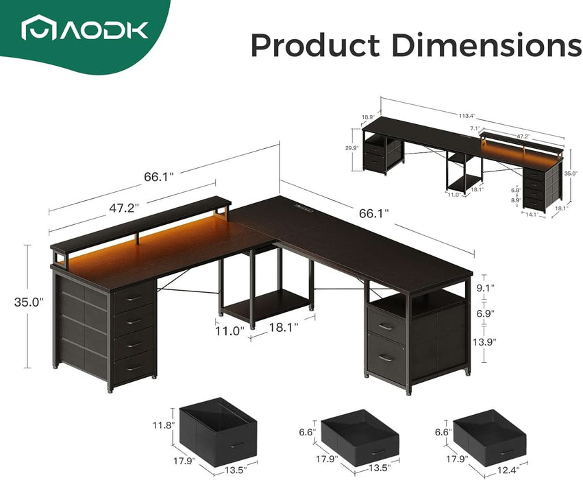 66" L Shaped Computer Desk, 113“ Reversible Home Office Desk with File Cabinet & 4 Fabric Drawers, Two Person Desk with LED Lights & Power Outlet, Corner Gaming Desk with Monitor Shelf, Black