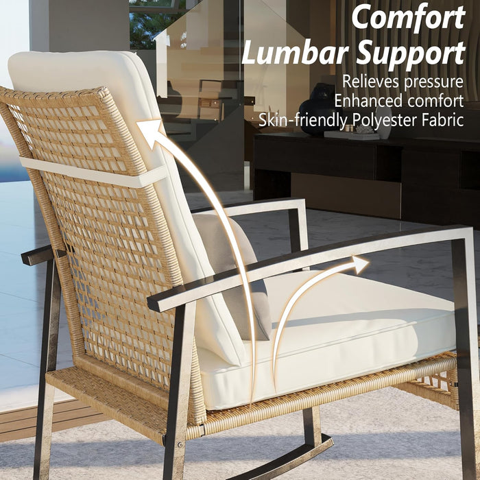 3 Piece Patio Rocking Chairs Set of 2, Outdoor Rocking Chair Bistro Set with Tempered Glass Coffee Table and Thick Lumbar Pillow Set, Front Porch Chairs for Garden, Backyard, Poolside (Beige)