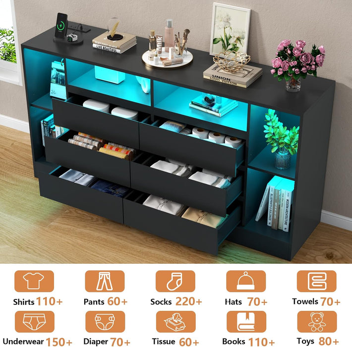 6 Drawers Dresser with 6 Open Storage Cubbies, LED Dressers & Chests of Drawers with Power Outlet, 55" Wide Long Dresser for Bedroom, Modern TV Stand with Open Shelf (Black)