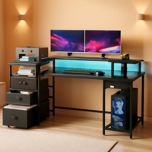 Black Computer Desk with 4 Drawers, 60" Long Office Desk with Fabric File Cabinet and Power Outlets, Gaming Desk with LED Lights, Study Writing Work Desk for Home Office